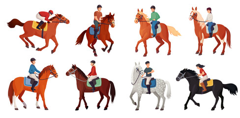 Horse riders. Cavaliers horseback, man rider or female equestrian sitting on thoroughbred horses and racehorses, horseman bridle pony horseriding pose ingenious vector illustration