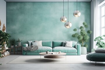 modern living room with a blue sofa and green accent wall. Generative AI