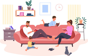 Family reads books. Parents and children reading book fairytales together in home living room, father with mom sitting on sofa couch read storybook for kid son, vector illustration