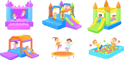 Kids inflatable playgrounds. Children play balls in rubber pool, jumping on trampoline bouncy slide outside air castle summer playroom, jump kid event park neat vector illustration