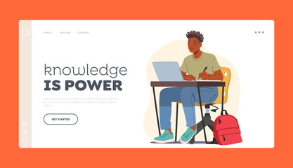 Knowledge is Power Landing Page Template. Male Student Character Sitting at Desk With Laptop Type in Notebook