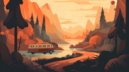 Summer Road Trip Illustration with warm ambient colors generative art