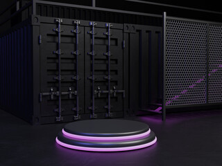 3d podium neon light and dark with container concept