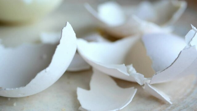 eggshells in a white color bowl on table 