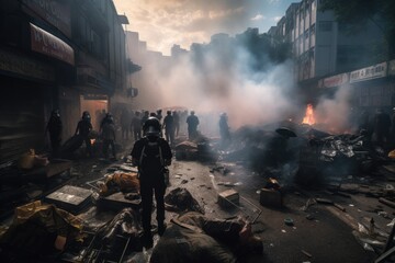 Obraz premium Officers are dressed in riot gear and are using shields and batons to push back the protesters. The scene is chaotic, with smoke and debris filling the air Generative AI