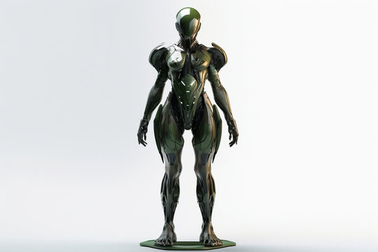 Female in green sci-fi armor, cyber, isolated white background, character art, generative ai