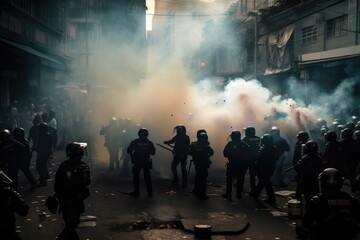 Officers are dressed in riot gear and are using shields and batons to push back the protesters. The scene is chaotic, with smoke and debris filling the air Generative AI