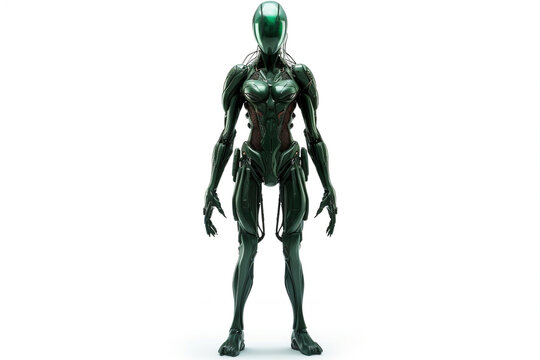 Woman in alien sci-fi green armour on white background, generative ai