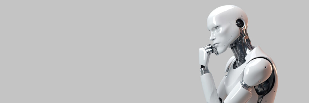 A robot thinking poster with copy space - Generative AI