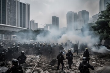 Obraz premium Officers are dressed in riot gear and are using shields and batons to push back the protesters. The scene is chaotic, with smoke and debris filling the air Generative AI 