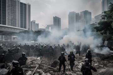 Officers are dressed in riot gear and are using shields and batons to push back the protesters. The scene is chaotic, with smoke and debris filling the air Generative AI
