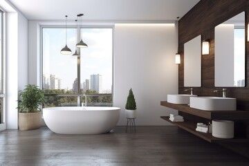 Obraz na płótnie Canvas luxurious bathroom with a spacious tub and a panoramic window. Generative AI