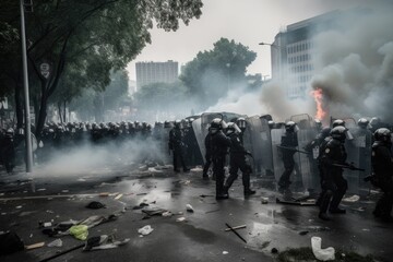 Officers are dressed in riot gear and are using shields and batons to push back the protesters. The scene is chaotic, with smoke and debris filling the air Generative AI
