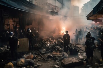 Officers are dressed in riot gear and are using shields and batons to push back the protesters. The scene is chaotic, with smoke and debris filling the air Generative AI
