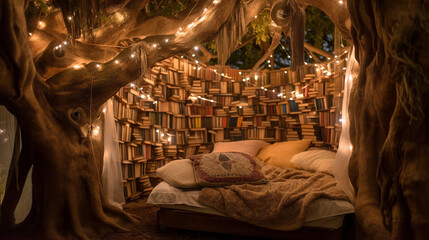 Enchanting Treehouse Library with Fairy Lights and Comfy Bed, generative ai
