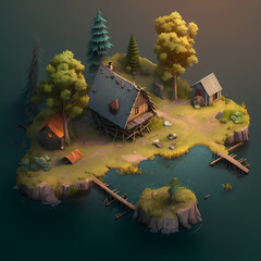 Isometric render of nature views with mountain and big waterfall scenery created with AI generated