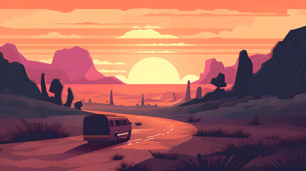 Summer Road Trip Illustration with warm ambient colors generative art