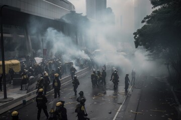 Officers are dressed in riot gear and are using shields and batons to push back the protesters. The scene is chaotic, with smoke and debris filling the air Generative AI
