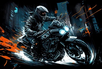 Mad rider on a motorcycle rides illustration. AI generative.