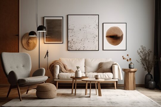 cozy living room with stylish furniture and a decorative painting on the wall. Generative AI