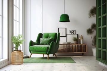 green chair in a cozy living room with natural light coming in from the window. Generative AI