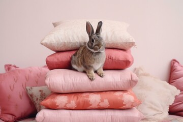 Naklejka premium The rabbit sitting on a pile of pink pillows Generative AI