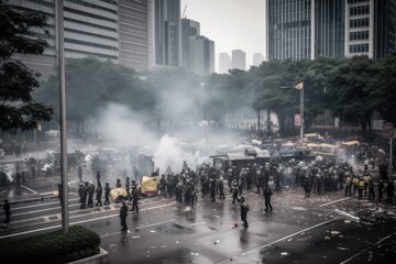 Officers are dressed in riot gear and are using shields and batons to push back the protesters. The scene is chaotic, with smoke and debris filling the air Generative AI
