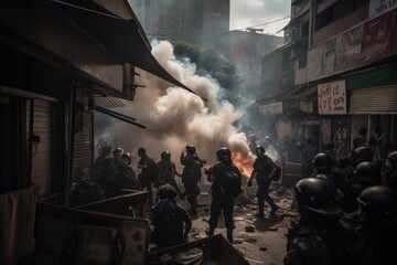 Obraz premium Officers are dressed in riot gear and are using shields and batons to push back the protesters, who are holding signs and throwing objects. The scene is chaotic, with smoke and debris filling the air 