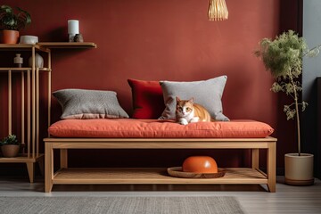 domestic cat lounging on a comfortable sofa in a cozy living room. Generative AI