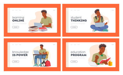 Student Life Landing Page Template Set. Character in Different Situations Learning, Prepare for Exam, Work on Laptop