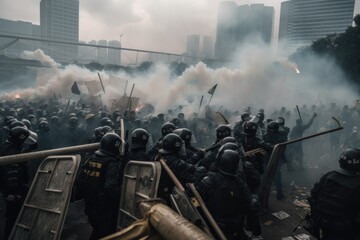 Officers are dressed in riot gear and are using shields and batons to push back the protesters, who are holding signs and throwing objects. The scene is chaotic, with smoke and debris filling the air  - obrazy, fototapety, plakaty
