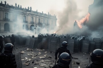 Officers are dressed in riot gear and are using shields and batons to push back the protesters, who are holding signs and throwing objects. The scene is chaotic, with smoke and debris filling the air 