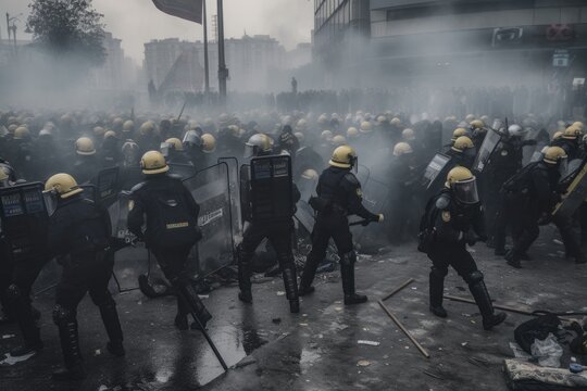 Officers are dressed in riot gear and are using shields and batons to push back the protesters, who are holding signs and throwing objects. The scene is chaotic, with smoke and debris filling the air 