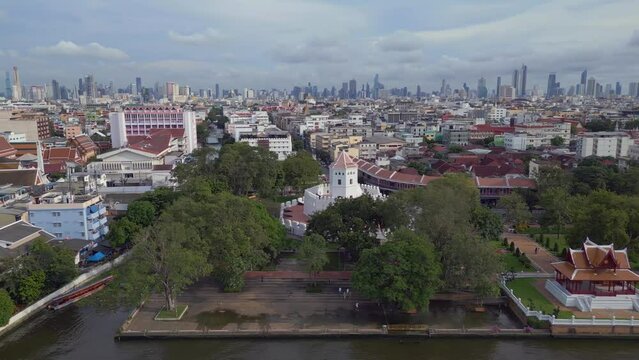 Phra Sumen Fort, bangkok thailand river. Amazing aerial view flight drone