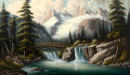 Fototapeta na wymiar Painting of mountains with river trees bridge, Generative AI Technology