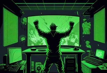 Professional eSports gamer rejoices in the victory illustration. AI generative.