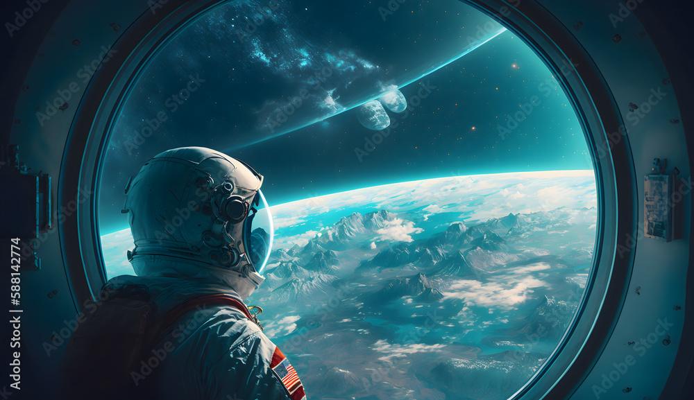 Wall mural astronaut is looking at the earth from outer space created using generative ai technology