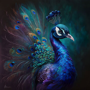Ai Generted, oil Painting - Colorful peacock tail feathers.