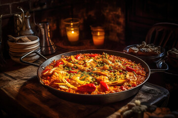 Spanish paella on dark wooden table with ingredients. Generative AI.