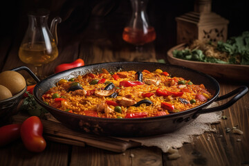 Spanish paella on dark wooden table with ingredients. Generative AI.