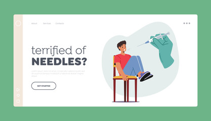 Fear Of Medical Procedures Landing Page Template. Young Man Character Displaying Fear And Apprehension Of Injection