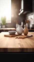Fototapeta na wymiar Empty wooden tabletop with blurred kitchen background and copy space