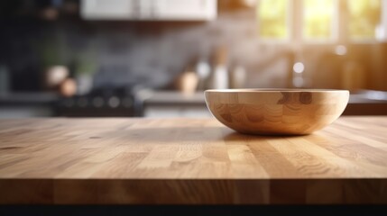 Empty wooden tabletop with blurred kitchen background and copy space
