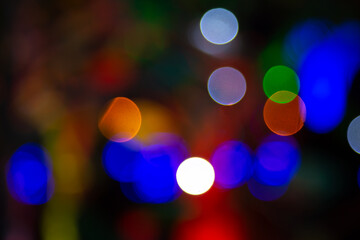 background blurred abstraction of colored lanterns and decorations. bokeh texture of street colored lights
