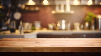 Empty wooden tabletop with blurred kitchen background and copy space