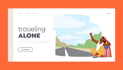 Traveling Alone Landing Page Template. Traveler Woman With Backpack Sitting On The Side Of The Road With Thumb Out