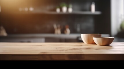 Obraz premium Empty wooden tabletop with blurred kitchen background and copy space