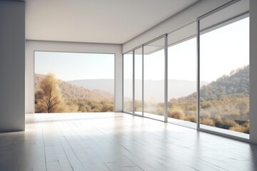 serene empty room with mountain view through large windows. Generative AI