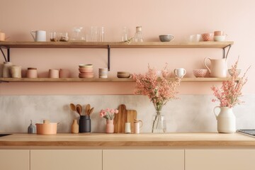 Fototapeta na wymiar colorful kitchen with shelves filled with dishes and vases. Generative AI