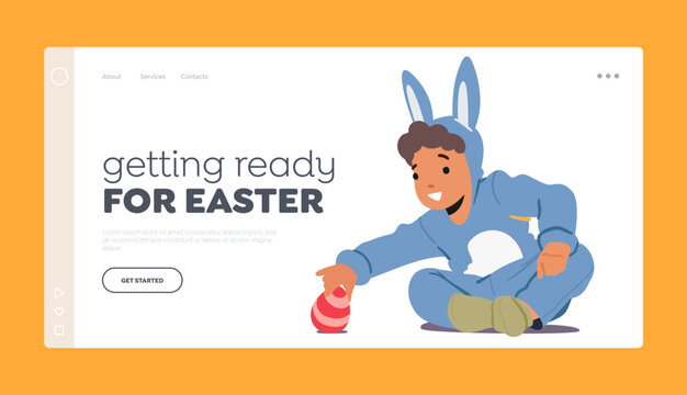 Kids Festive Events Landing Page Template. Little Boy Wear Rabbit Costume Picking Colored Easter Egg From The Floor